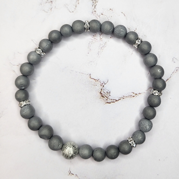 Silver Gemstone Druzy Agate Beaded Stretch Bracelet Smooth Matte rhinestone - Picture 3 of 9
